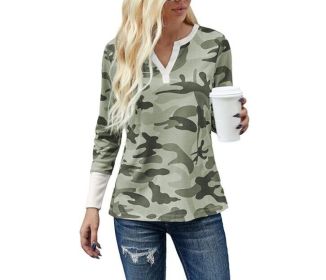 Camouflage Print Waffle V-neck Long Sleeve Top (Color: colorful, size: L)
